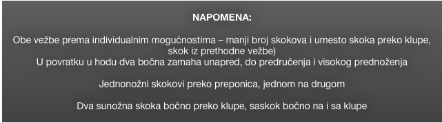 
NAPOMENA: 

Obe vežbe prema individualnim mogućnostima – manji broj skokova i umesto skoka preko klupe, skok iz prethodne vežbe)
U povratku u hodu dva bočna zamaha unapred, do predručenja i visokog prednoženja

Jednonožni skokovi preko preponica, jednom na drugom

Dva sunožna skoka bočno preko klupe, saskok bočno na i sa klupe
